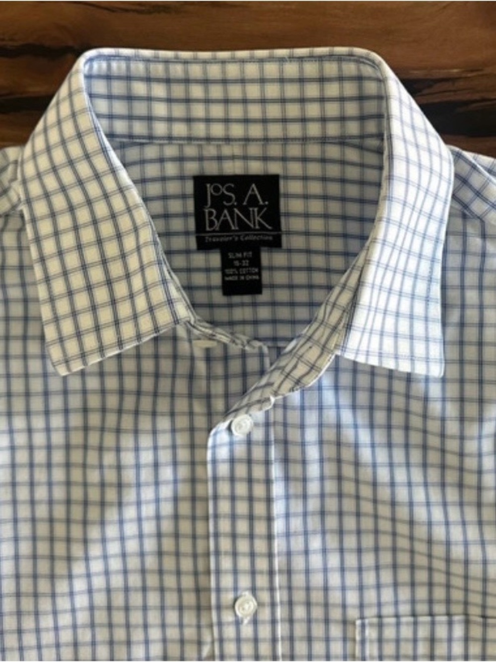 Jos. A. Bank White Shirt  Blue Windowpane Check Travelers Collection| Size:15/32